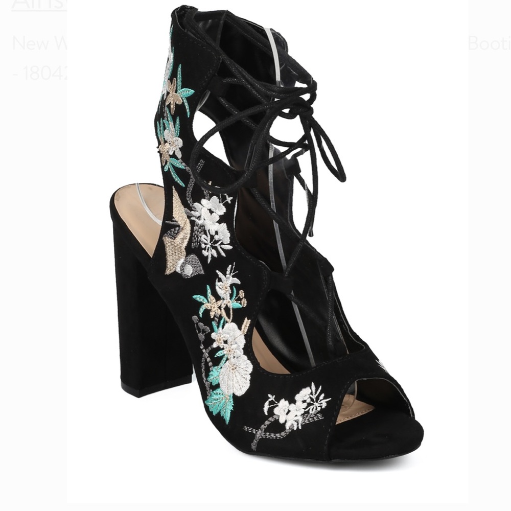 NWOB Faux Suede Peep Toe Embroidered Heel Bootie - Picture 5 of 6
